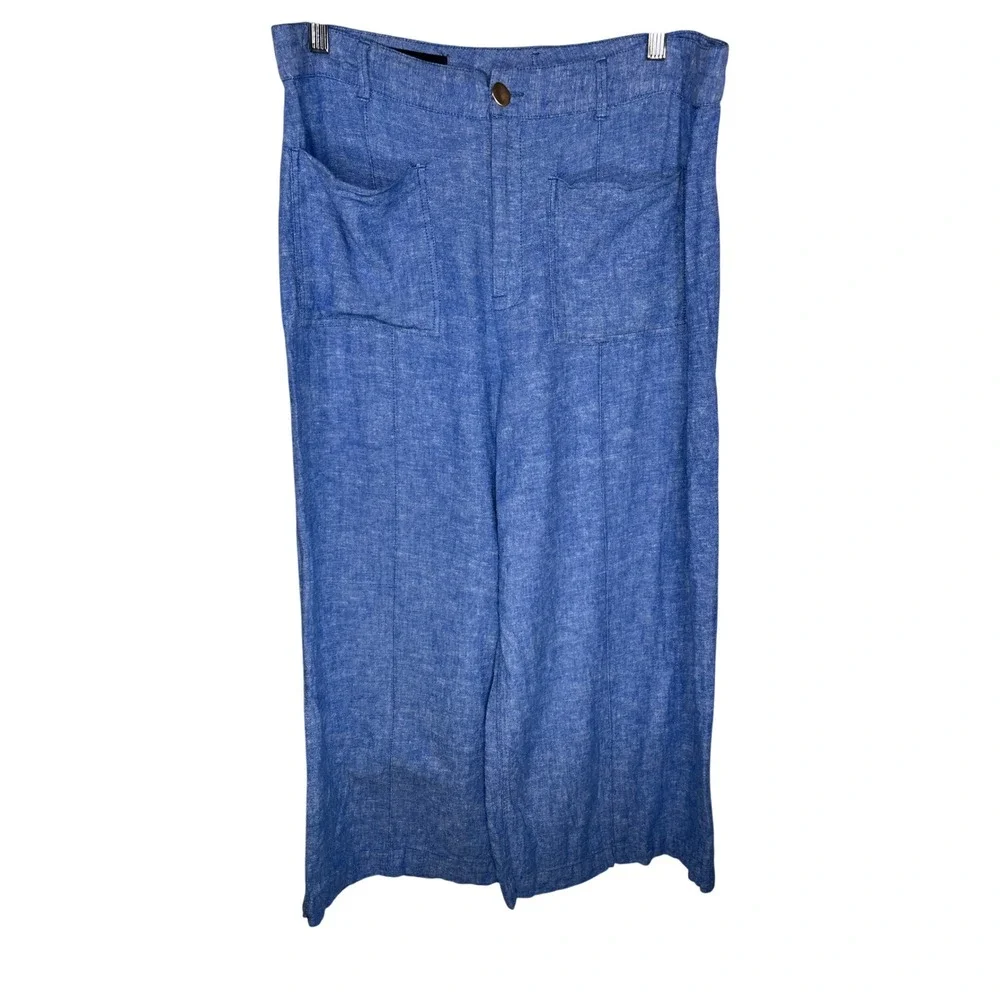 Zara Pants Womens XL Blue Linen Blend High Rise Wide Leg Cropped Patch Pocket